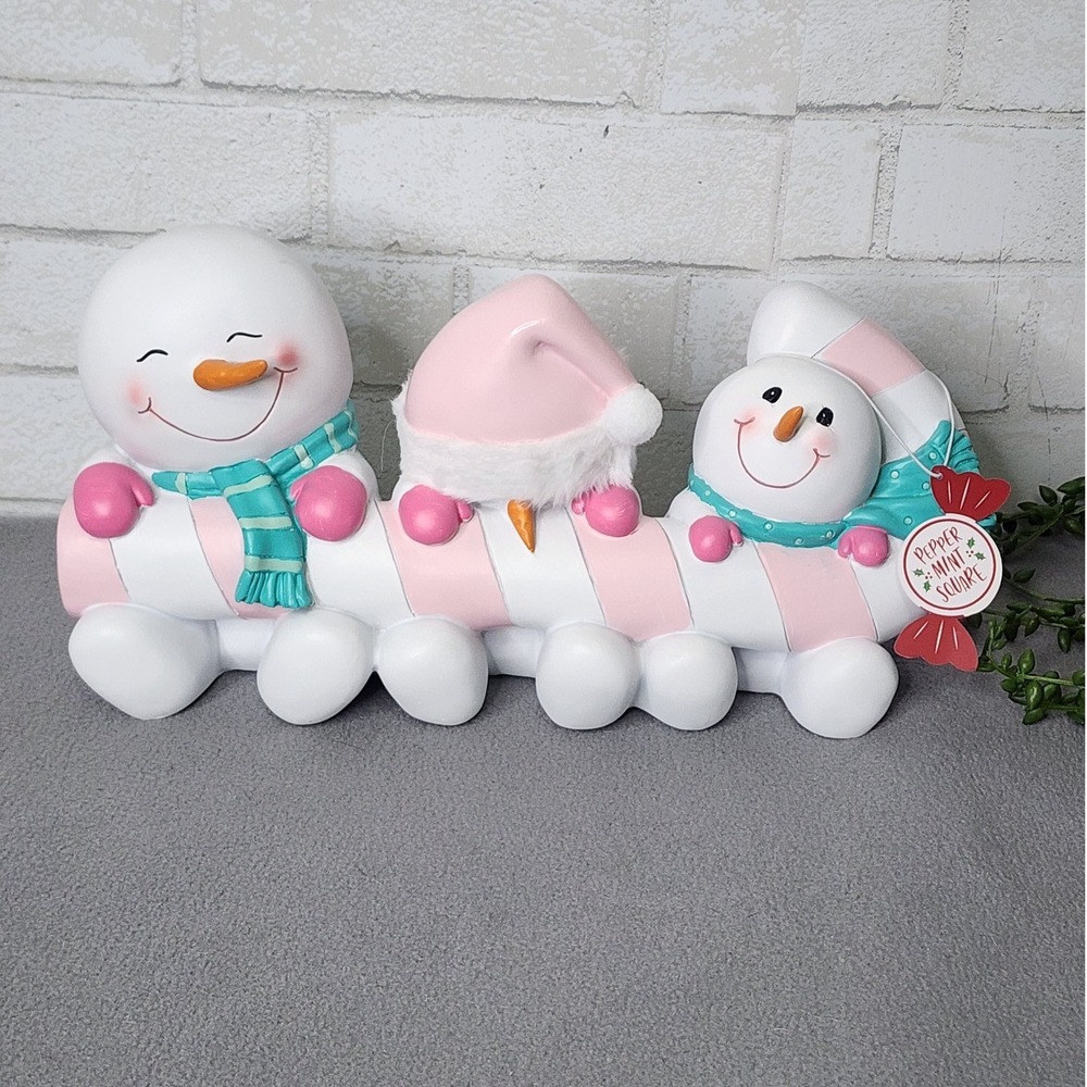 Snowmen With Pink Candy Cane‎ Figure Snowman Resin Christmas Decor 14.5" NEW